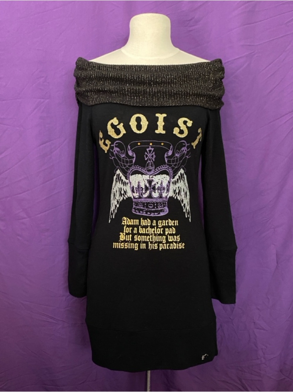 EGOIST Black Off-the-Shoulder Graphic Sweater Dress with Golden Trim. Size L.